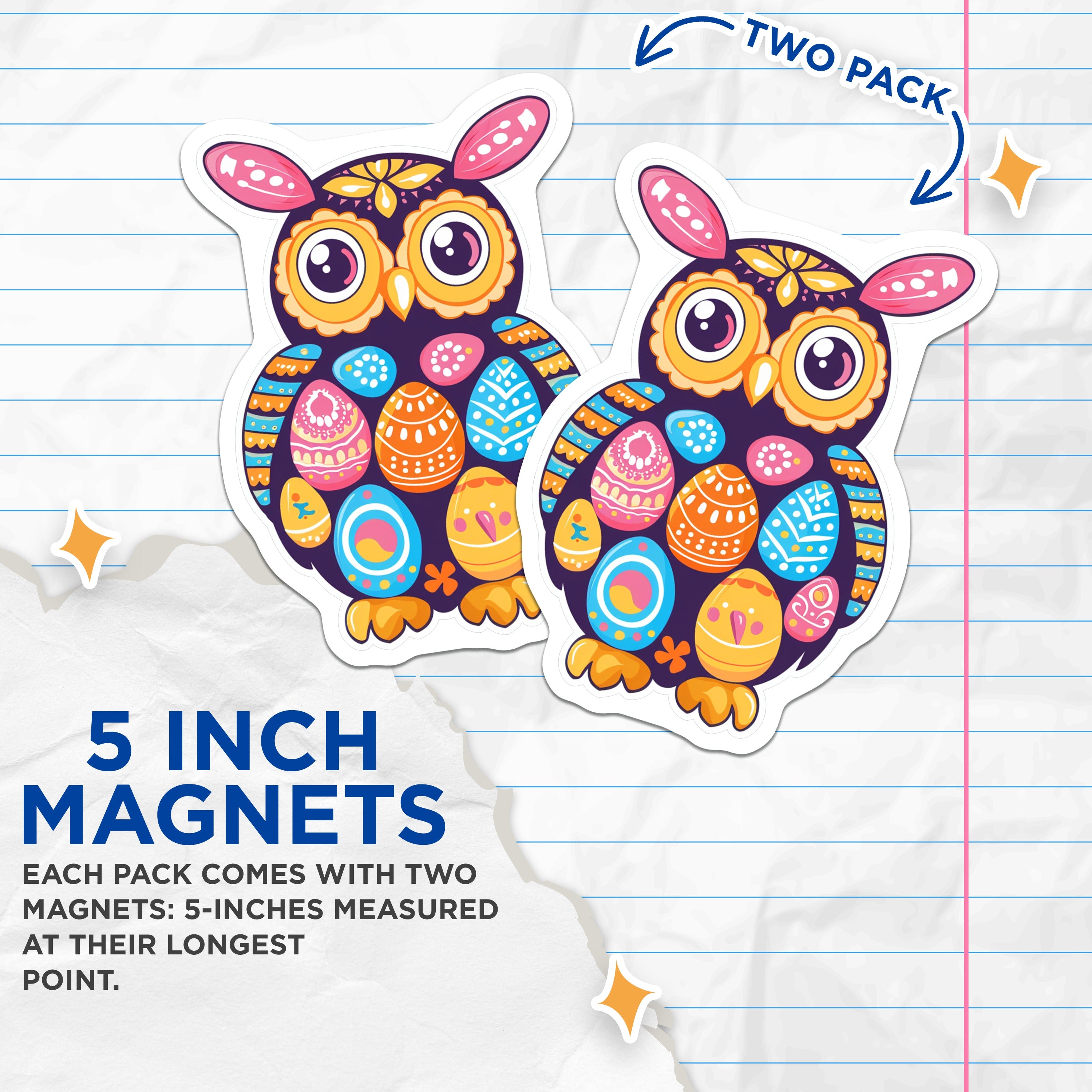(2 Pack) Festive Easter Owl Magnets - Whimsical Spring Refrigerator Decor - Charming Animal Art for Home - 5 Inches On Longest Side - Thick Durable Magnet - Made in USA - MAG37090