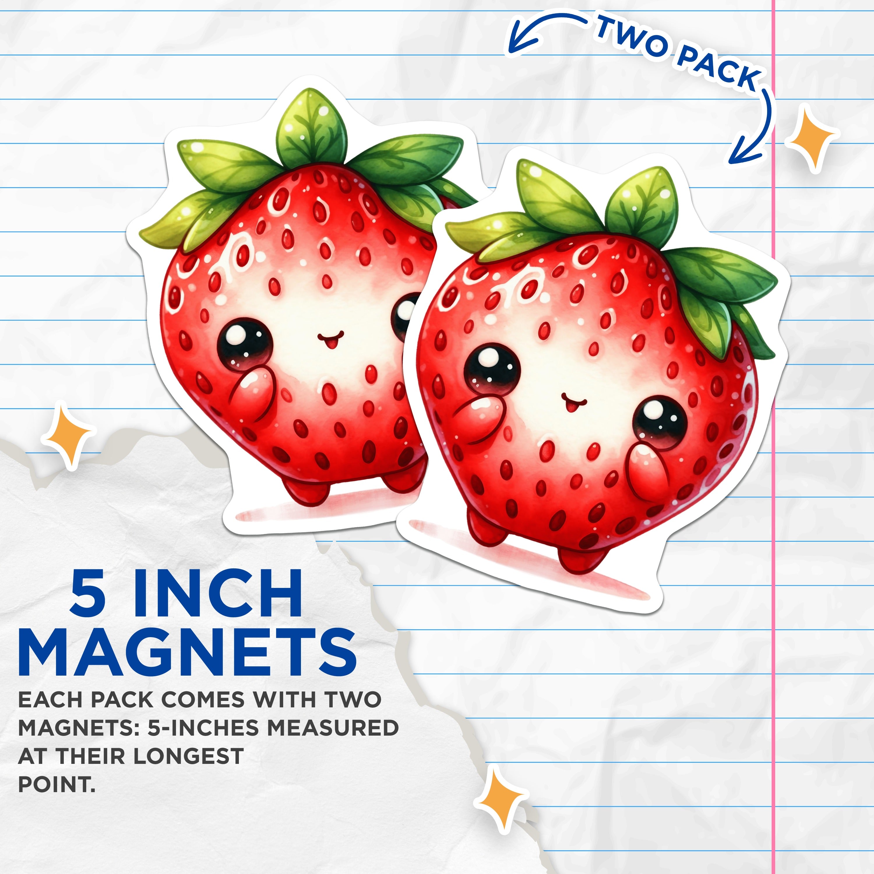 (2 Pack) Kawaii Strawberry Magnets - Cute Fruit Refrigerator - Whimsical Kitchen Decor - Cheerful Locker Accents - 5 Inches On Longest Side - Thick Durable Magnet - Made in USA - MAG37509