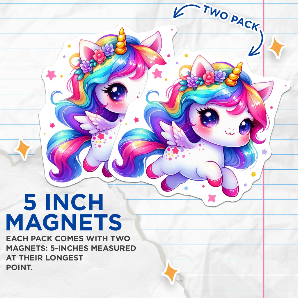 (2 Pack) Kawaii Rainbow Unicorn Magnets - Magical Chibi Fantasy Decor - Kids Girls Room Fridge Locker - 5 Inches On Longest Side - Thick Durable Magnet - Made in USA - MAG39019