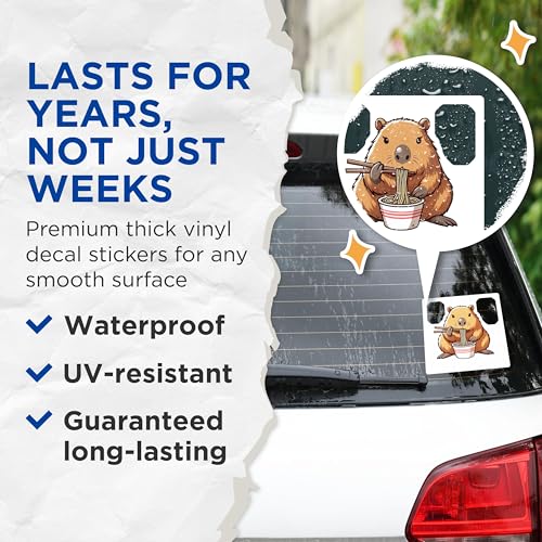 (2 Pack) Capybara Ramen Stickers - Cute Cartoon Animal Decal - Fun Food Design - 5" On Longest Side - Sticks to Smooth Flat Surfaces - Made in USA - BMCS9913