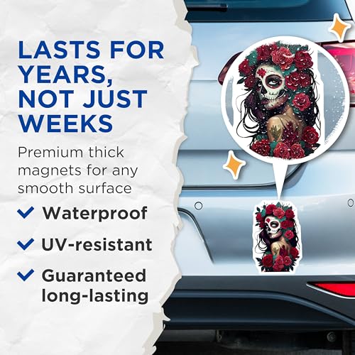 (2 Pack) Sugar Skull Magnets Magnets - Day of The Dead Artwork - Mexican Folk Art - 5" On Longest Side - Made in USA - Sticks to Refrigerators & Metal Surfaces - MAG9202