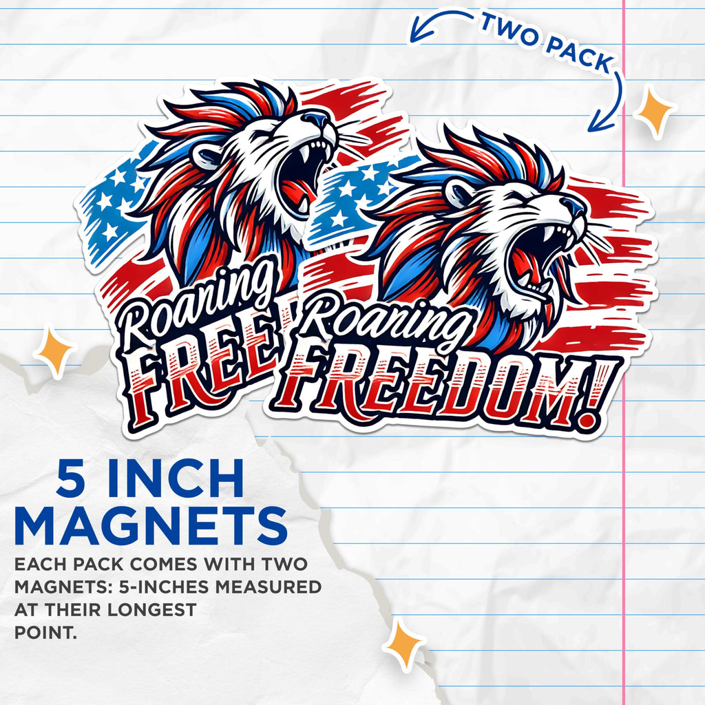 (2 Pack) Roaring Freedom Magnets - Patriotic Lion Magnets - American Flag Magnets- 5" On Longest Side - for Fridges, Toolboxes, Cars - Made in USA - MAG2714