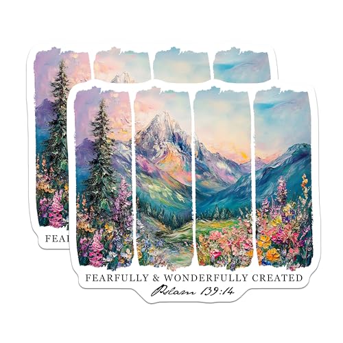 (2 Pack) Fearfully Wonderfully Created Stickers - Inspirational Bible Verse Stickers - Psalm 139 14 Art Stickers - 5" On Longest Side - Sticks to Smooth Flat Surfaces - Made in USA - BMCS9981