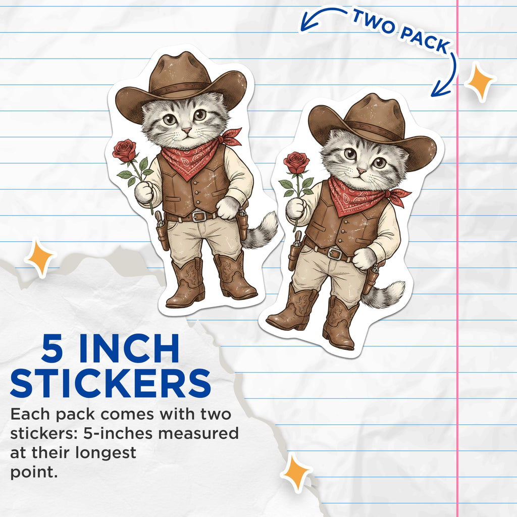 (2 Pack) Cowboy Cat Stickers - Rose Sticker - Western Kitten Decal - 5" On Longest Side - Sticks to Smooth Flat Surfaces - Made in USA - BMCS14365
