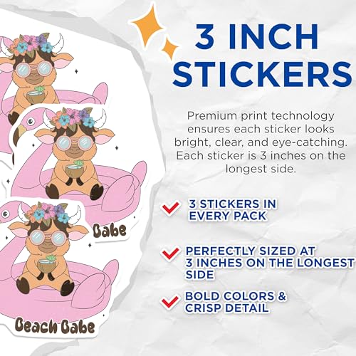 (3 Pack) Highland Cow Decals - Beach Babe - Flamingo Float - Laptop Decal- 3 Inches On Longest Side - Easy Peel & Apply - Made in USA - 3MCS5642