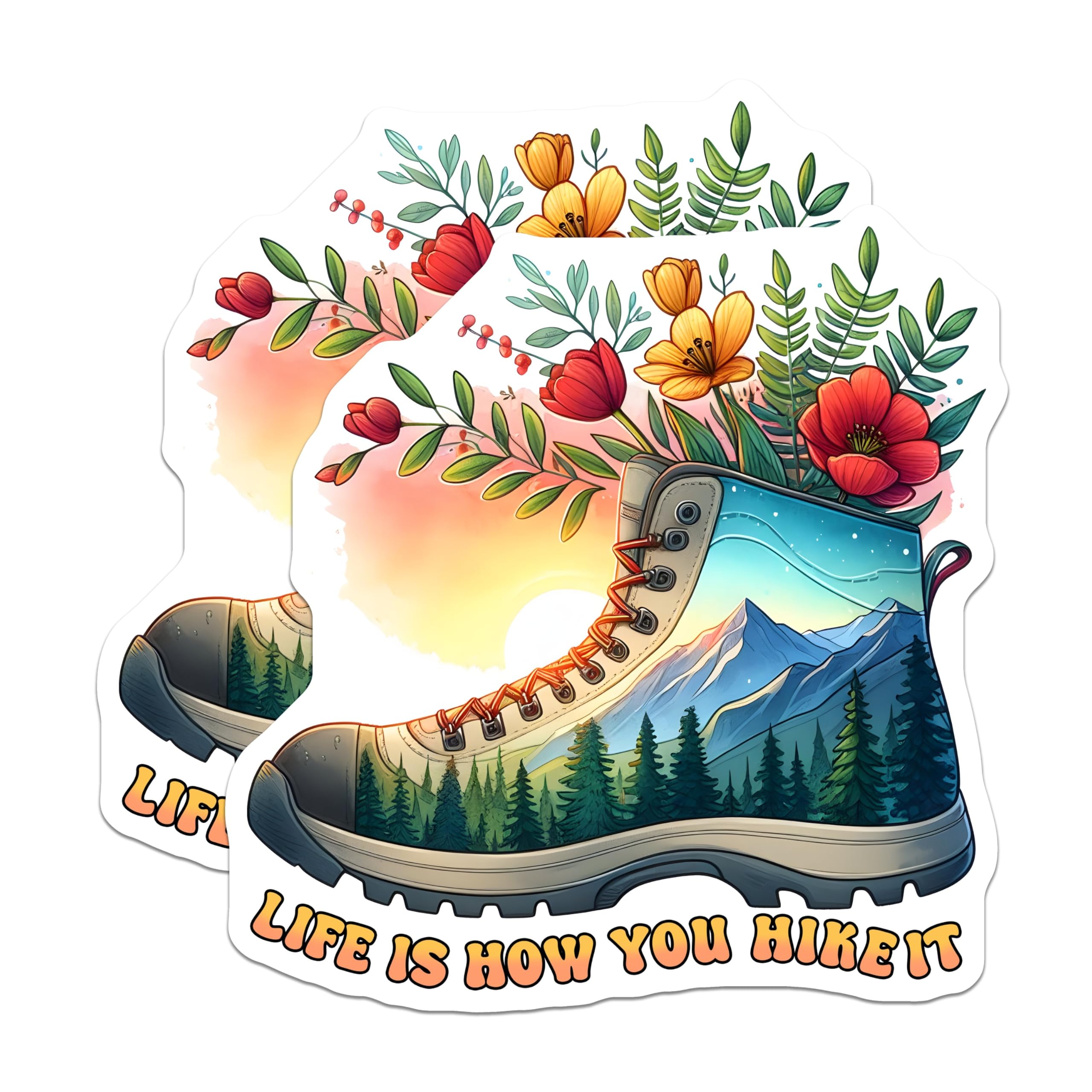 (2 Pack) Hiking Boot Nature Stickers - Life is How You Hike It Stickers - Mountain Adventure Stickers - 5" On Longest Side - Sticks to Any Smooth Flat Surface - Made in USA - BMCS3260