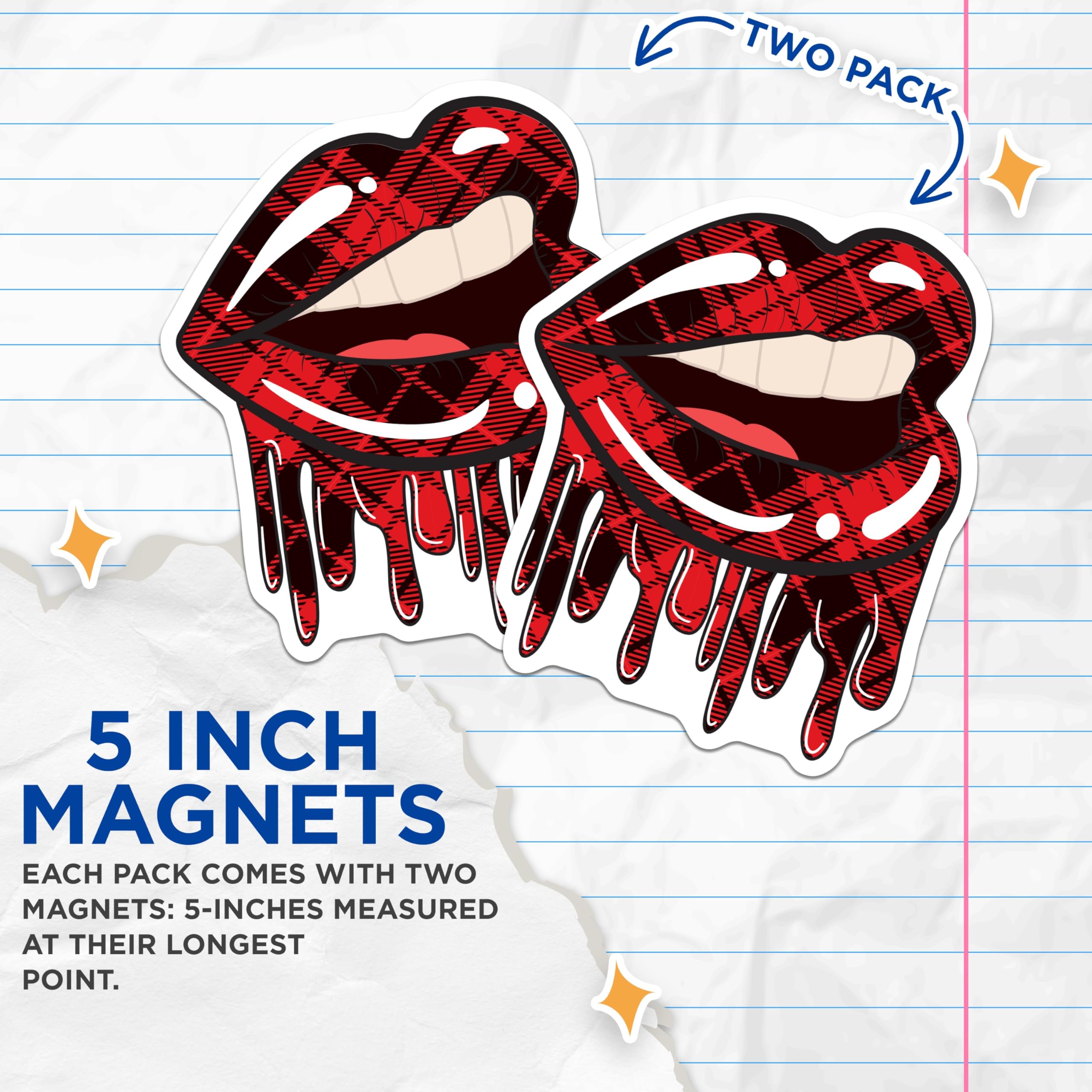 (2 Pack) Red Plaid Lips Magnets - Dripping Mouth Design - Edgy Aesthetic Decor - 5 Inches On Longest Side - Thick Durable Magnet - Made in USA - MAG22211