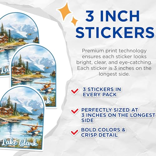 (3 Pack) Lake Clark Decals - Alaska Scenery - Seaplane Art - 3 Inches On Longest Side - Easy Peel & Apply - Made in USA - 3MCS0443