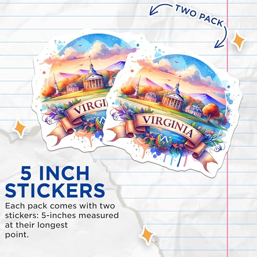 (2 Pack) Virginia State Stickers - Watercolor Landscape - Travel Souvenir - State Pride - Artistic Decals - 5" On Longest Side - Sticks to Smooth Flat Surfaces - Made in USA - BMCS6983