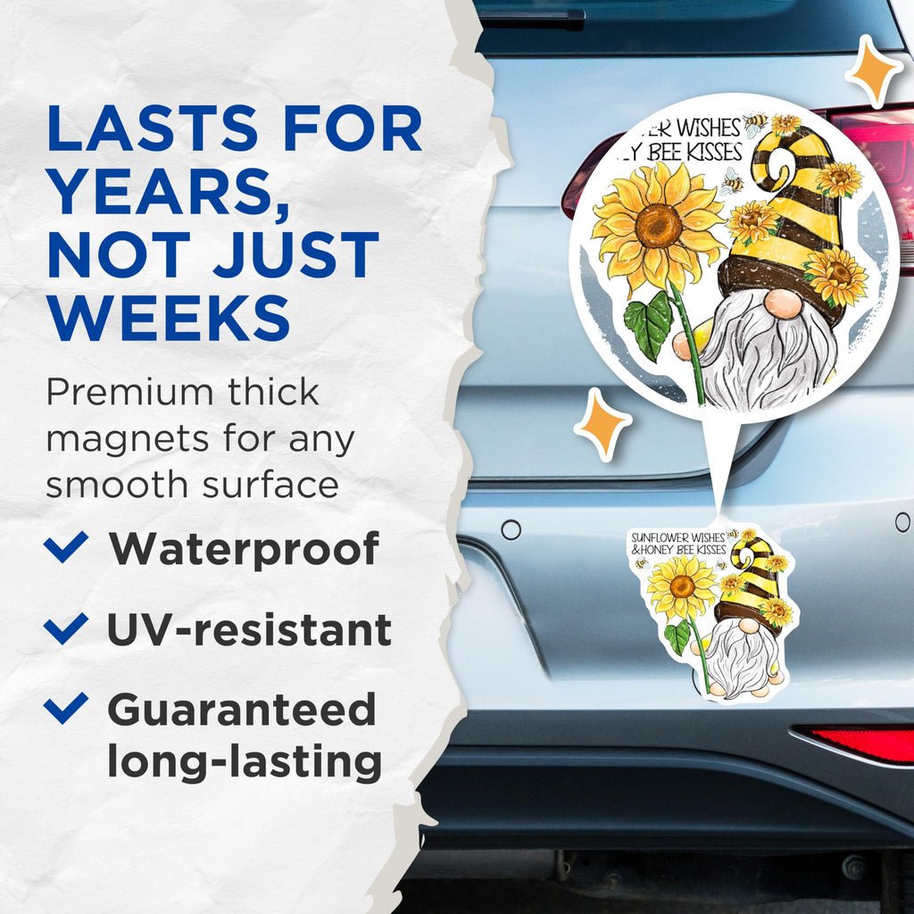 (2 Pack) Gnome Magnets - Sunflower Wishes - Honey Bee Kisses - 5" On Longest Side - Premium Magnet - for Cars, Refrigerators, Toolboxes, Lockers - Made in USA - MAG16050