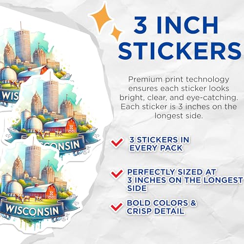 (3 Pack) Wisconsin Decals - Wisconsin Laptop Decal - Wisconsin State Decal- 3 Inches On Longest Side - Easy Peel & Apply - Made in USA - 3MCS5339