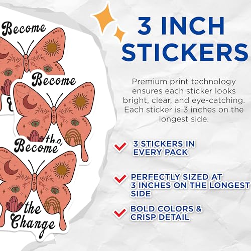 (3 Pack) Butterfly Decals - Bohemian Stickers - Inspirational Art - 3 Inches On Longest Side - Easy Peel & Apply - Made in USA - 3MCS2940