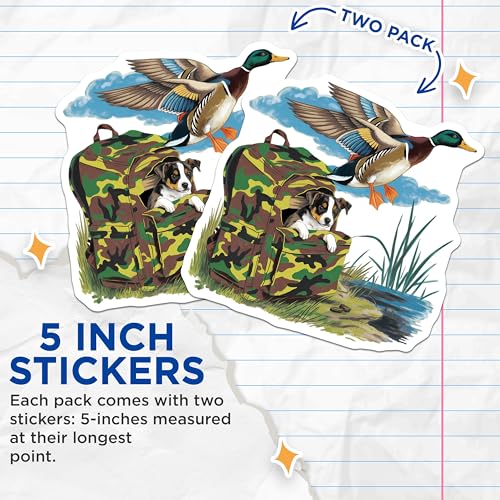 (2 Pack) Hunting Dog Stickers - Camo Backpack - Flying Duck Stickers - 5" On Longest Side - Sticks to Smooth Flat Surfaces - Made in USA - BMCS9407
