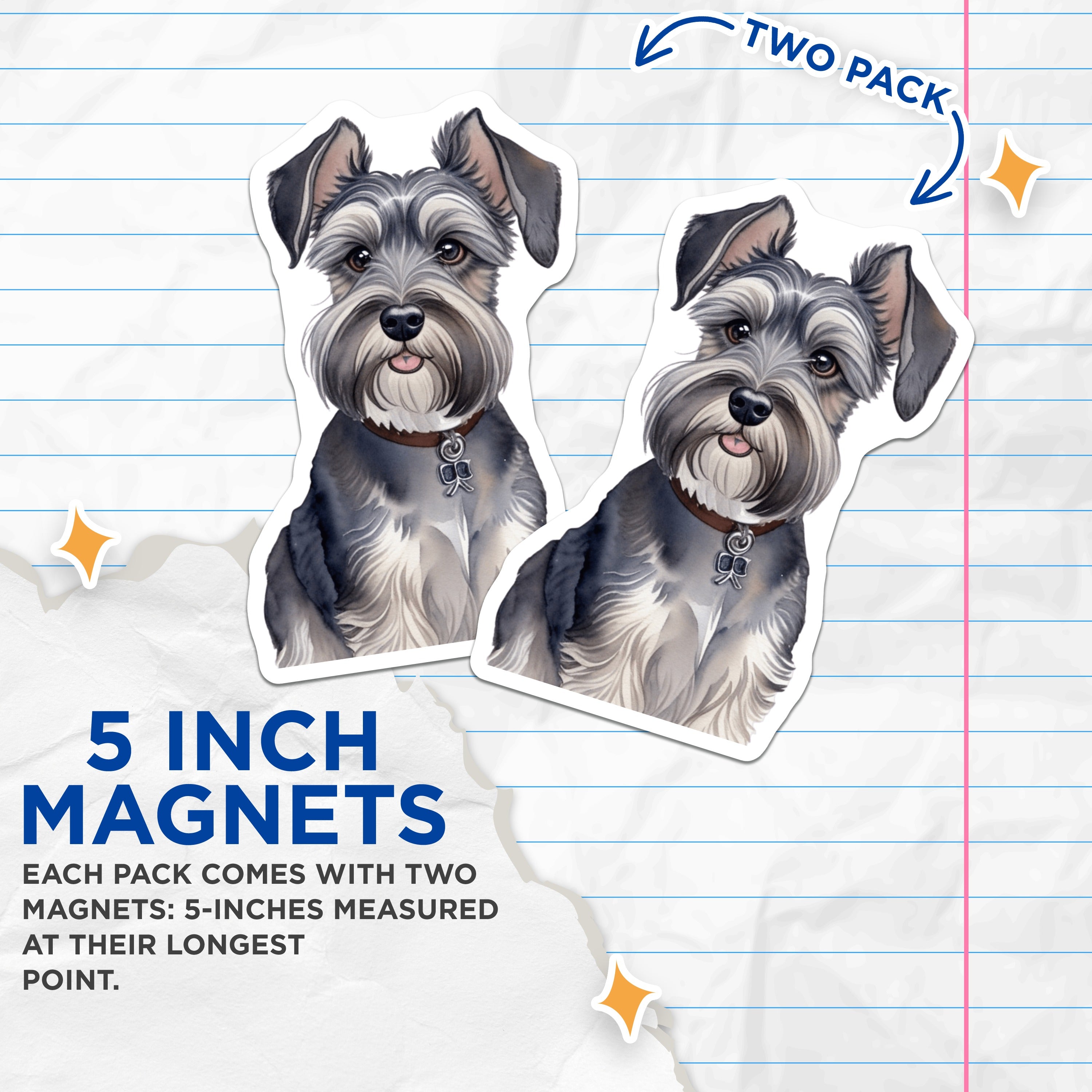 (2 Pack) Miniature Schnauzer Magnets - Watercolor Dog Art - Pet Lover Fridge Decor - 5 Inches On Longest Side - Thick Durable Magnet - Made in USA - MAG36582