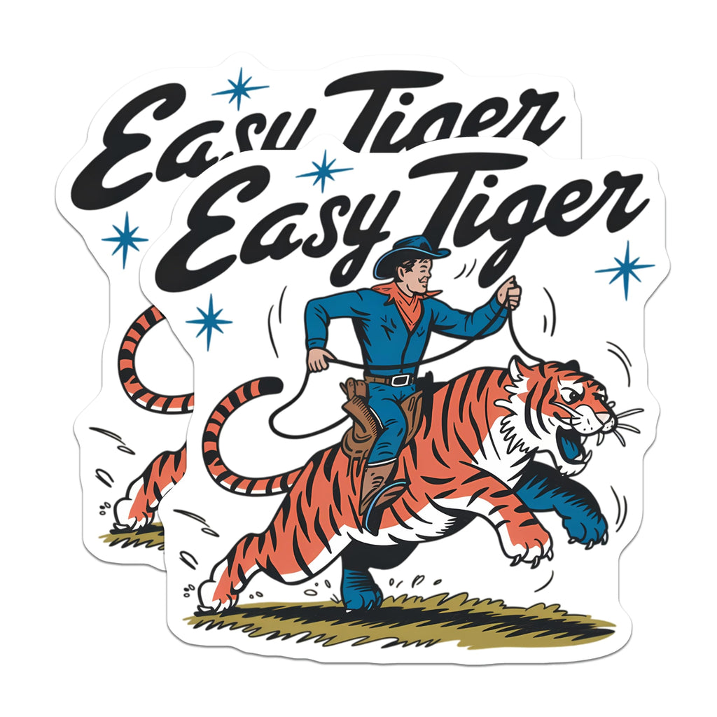 (2 Pack) Easy Tiger Magnets - Cowboy Riding Tiger - Retro Western Artwork - Fun Animal Decor - 5 Inches On Longest Side - Thick Durable Magnet - Made in USA - MAG20883