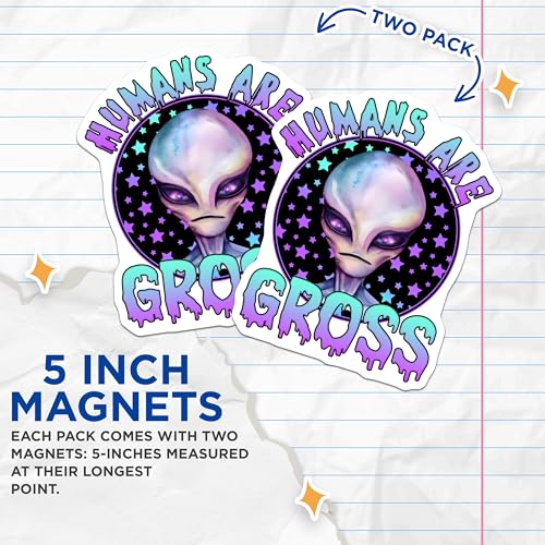 (2 Pack) Humans are Gross Magnets - Alien Art - Purple Green Stars - 5" On Longest Side - for Cars, Fridges, Toolboxes - Made in USA - MAG7763