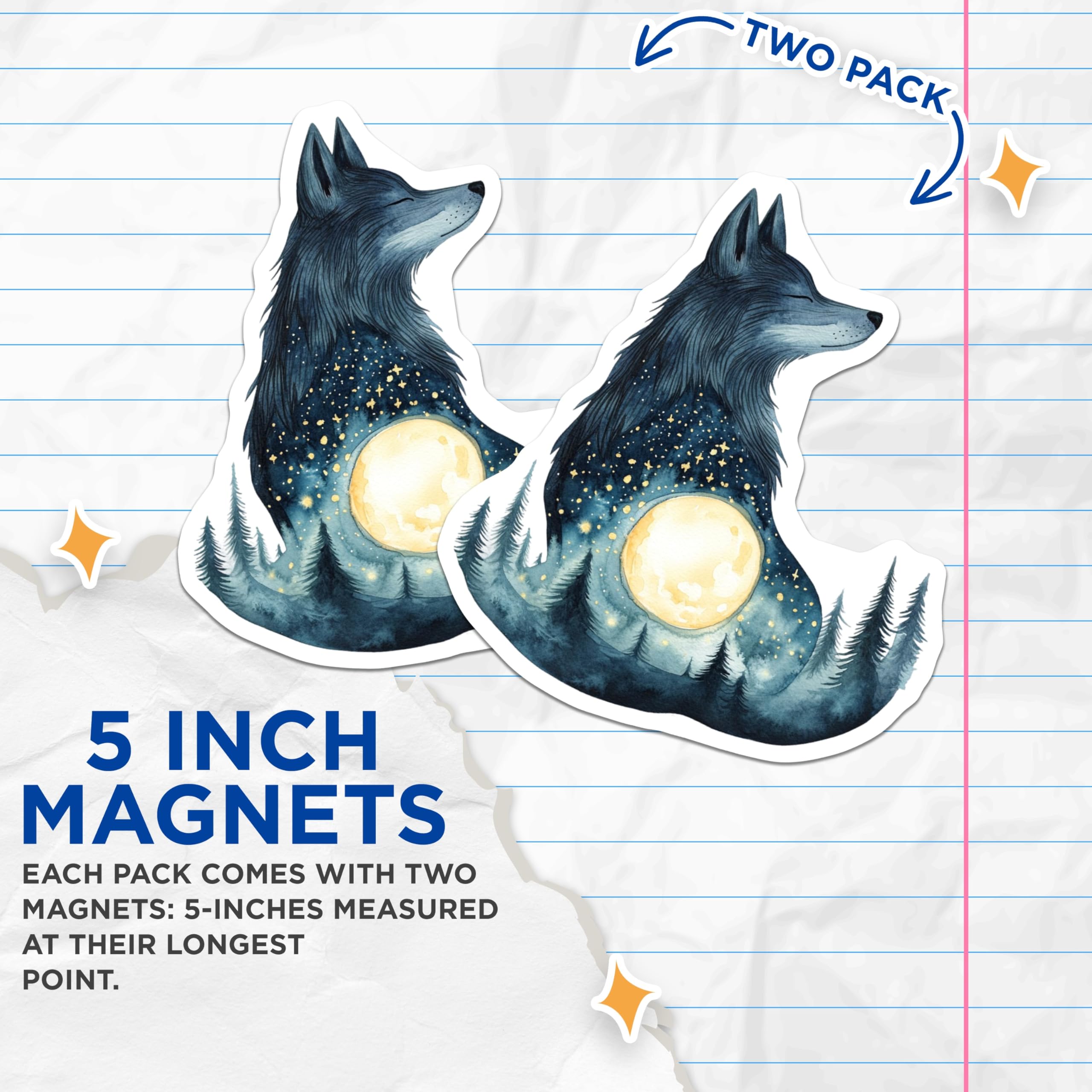 (2 Pack) Wolf Moon Magnets - Celestial Wolf - Forest Magnets - 5" On Longest Side - Premium Magnet - for Cars, Refrigerators, Toolboxes, Lockers - Made in USA - MAG15562