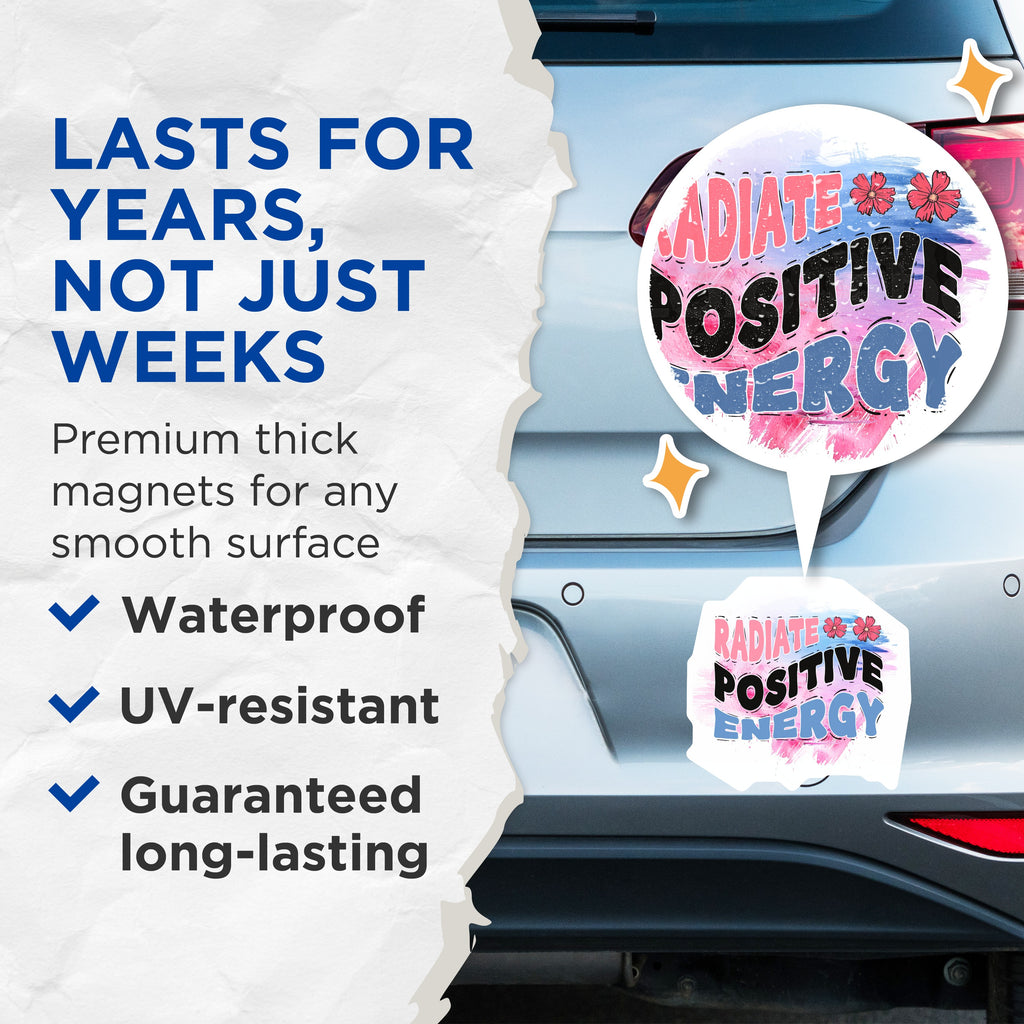 (2 Pack) Radiate Positive Energy Magnets - Motivational Affirmation - Good Vibes Mental Wellness Reminder - 5 Inches On Longest Side - Thick Durable Magnet - Made in USA - MAG36004