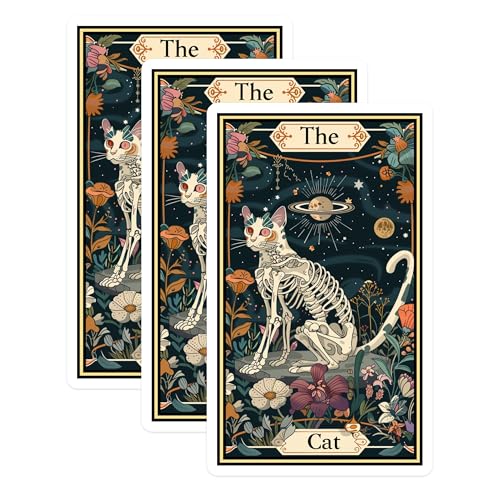 (3 Pack) Tarot Cat Decals - Skeleton Feline Stickers - Floral Occult Art Decals - 3 Inches On Longest Side - Easy Peel & Apply - Made in USA - 3MCS2476