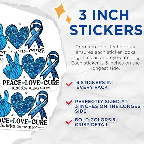 (3 Pack) Diabetes Awareness Decals - Peace Love Cure - Blue Ribbon Decals - 3 Inches On Longest Side - Easy Peel & Apply - Made in USA - 3MCS2592