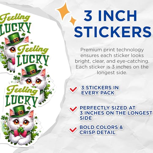 (3 Pack) Feeling Lucky Cat Decals - Saint Patricks Day - Laptop Decals - 3 Inches On Longest Side - Easy Peel & Apply - Made in USA - 3MCS6863