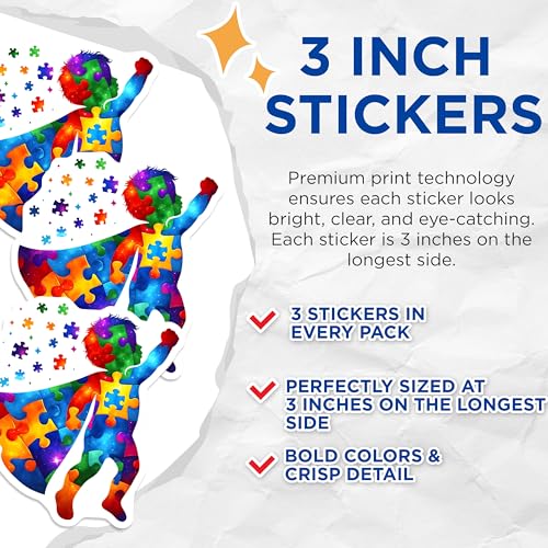 (3 Pack) Autism Awareness Decals - Puzzle Piece Superhero - Neurodiversity Support - 3 Inches On Longest Side - Easy Peel & Apply - Made in USA - 3MCS6652