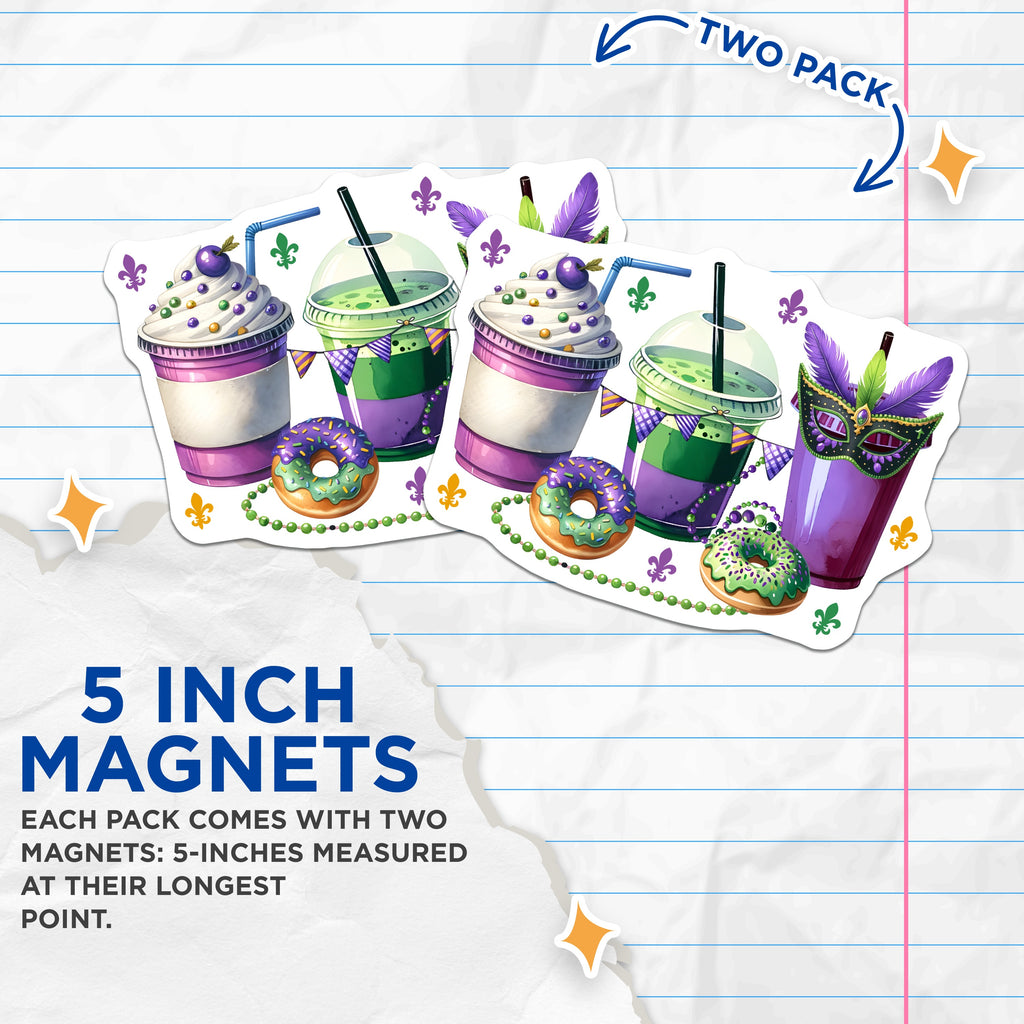 (2 Pack) Mardi Gras Magnets - New Orleans Carnival Theme - Fleur De Lis Fat Tuesday Decor - Festive Party Food Drink Mask Refrigerator - 5" - Thick Durable Magnet - Made in USA - MAG39050