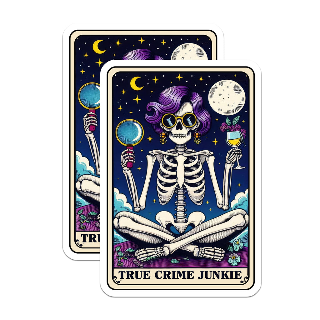 (2 Pack) True Crime Junkie Stickers - Skeleton Magnifying Glass Stickers - Dark Humorous Stickers for Laptops - 5" On Longest Side - Sticks to Smooth Flat Surfaces - Made in USA - BMCS4648