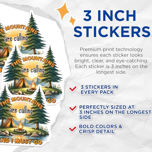 (3 Pack) Mountains are Calling Decals - Camping Adventure - Outdoor Decal - 3 Inches On Longest Side - Easy Peel & Apply - Made in USA - 3MCS2049