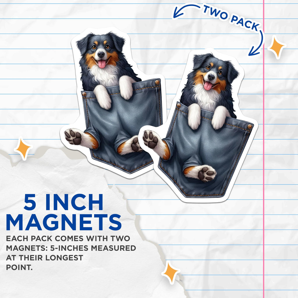 (2 Pack) Cute Dog Magnets - Australian Shepherd Art Magnet - Fun Animal ation for Home or Office - Pet Lover - 5" On Longest Side - for Cars, Fridges, Toolboxes - Made in USA - MAG3814