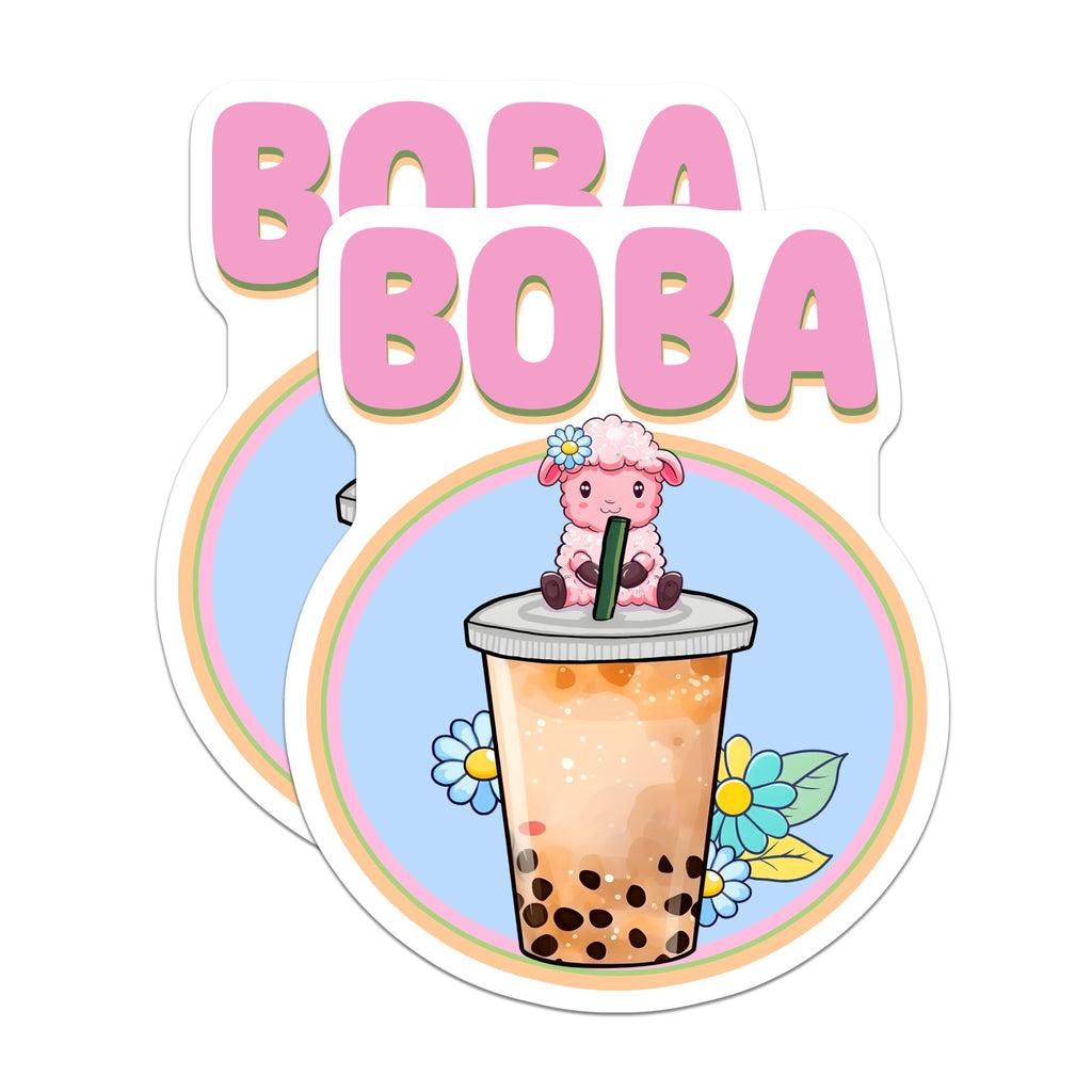 (2 Pack) Boba Tea Stickers - Cute Kawaii Sheep - Bubble Milk Tea - 5" On Longest Side - Sticks to Smooth Flat Surfaces - Made in USA - BMCS7745