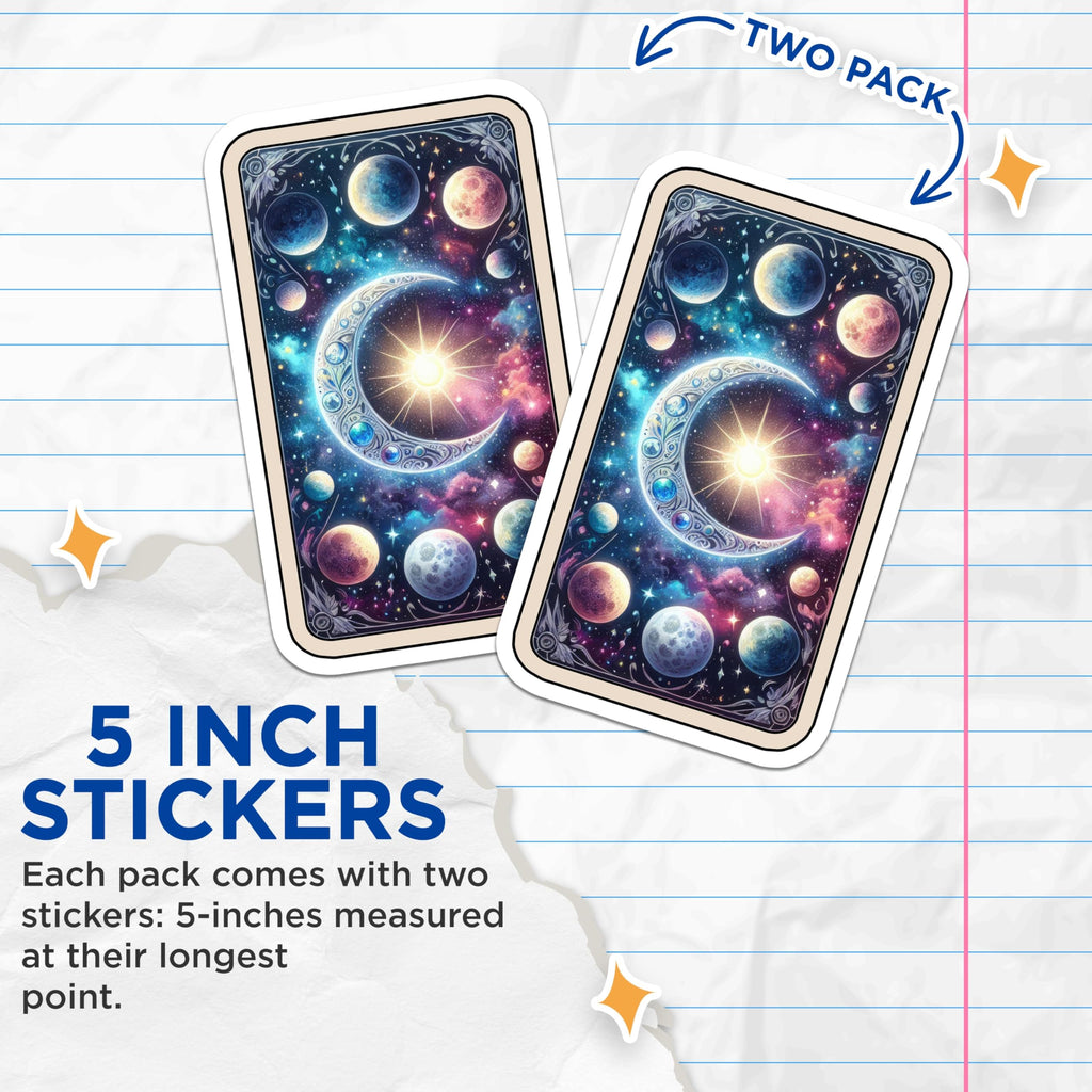 (2 Pack) Cosmic Moon Star Stickers - Celestial Planets Space Decor - Mystical Tarot Galaxy Universe Artwork - 5" On Longest Side - Sticks to Smooth Flat Surfaces - Made in USA - BMCS21133