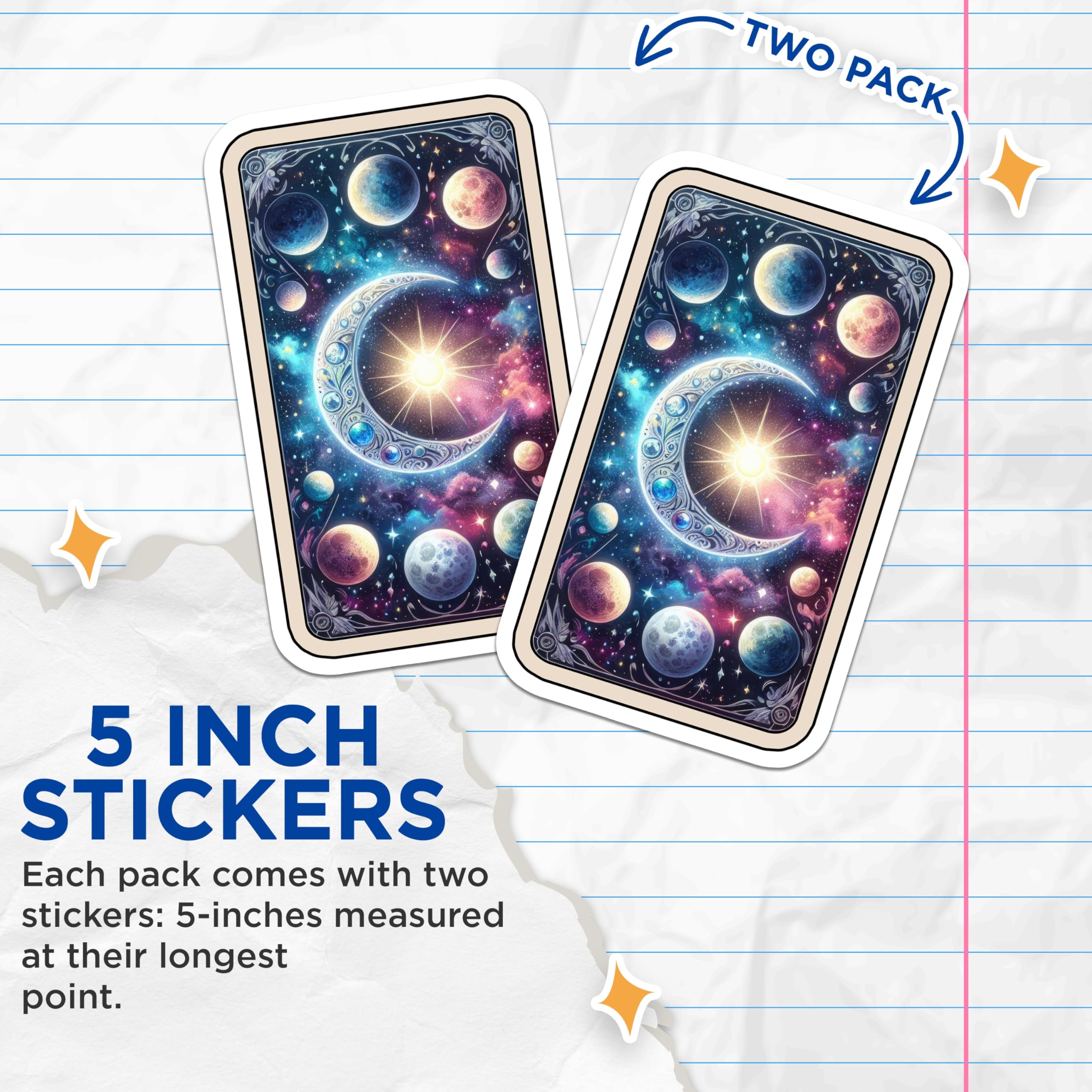 (2 Pack) Cosmic Moon Star Stickers - Celestial Planets Space Decor - Mystical Tarot Galaxy Universe Artwork - 5" On Longest Side - Sticks to Smooth Flat Surfaces - Made in USA - BMCS21133