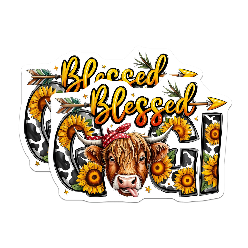 (2 Pack) Blessed Cowgirl Highland Cow Magnets - Farmhouse Western Decor - Sunflower Cow Print - 5 Inches On Longest Side - Thick Durable Magnet - Made in USA - MAG28186