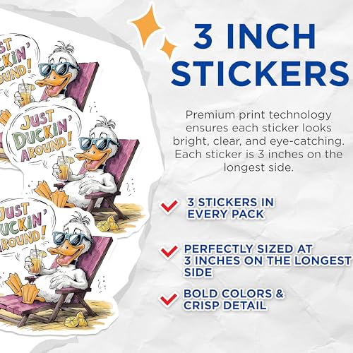 (3 Pack) Duck Beach Decals - Funny Duck Sticker - Just Duckin Around - Beach Laptop Stickers - 3 Inches On Longest Side - Easy Peel & Apply - Made in USA - 3MCS7307