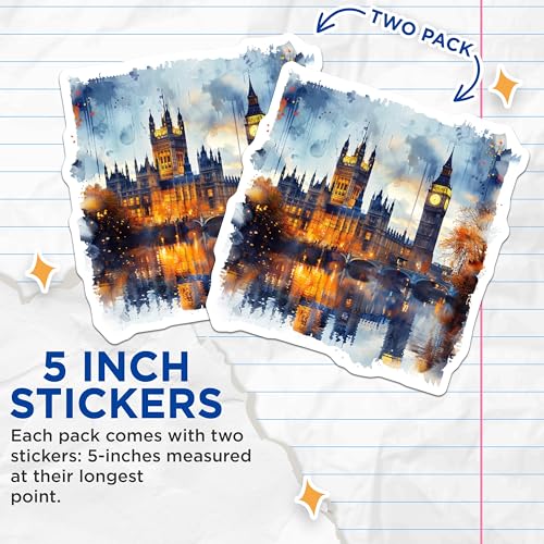 (2 Pack) London Landmark Stickers - Big Ben Stickers - London Architecture Stickers - 5" On Longest Side - Sticks to Smooth Flat Surfaces - Made in USA - BMCS5182
