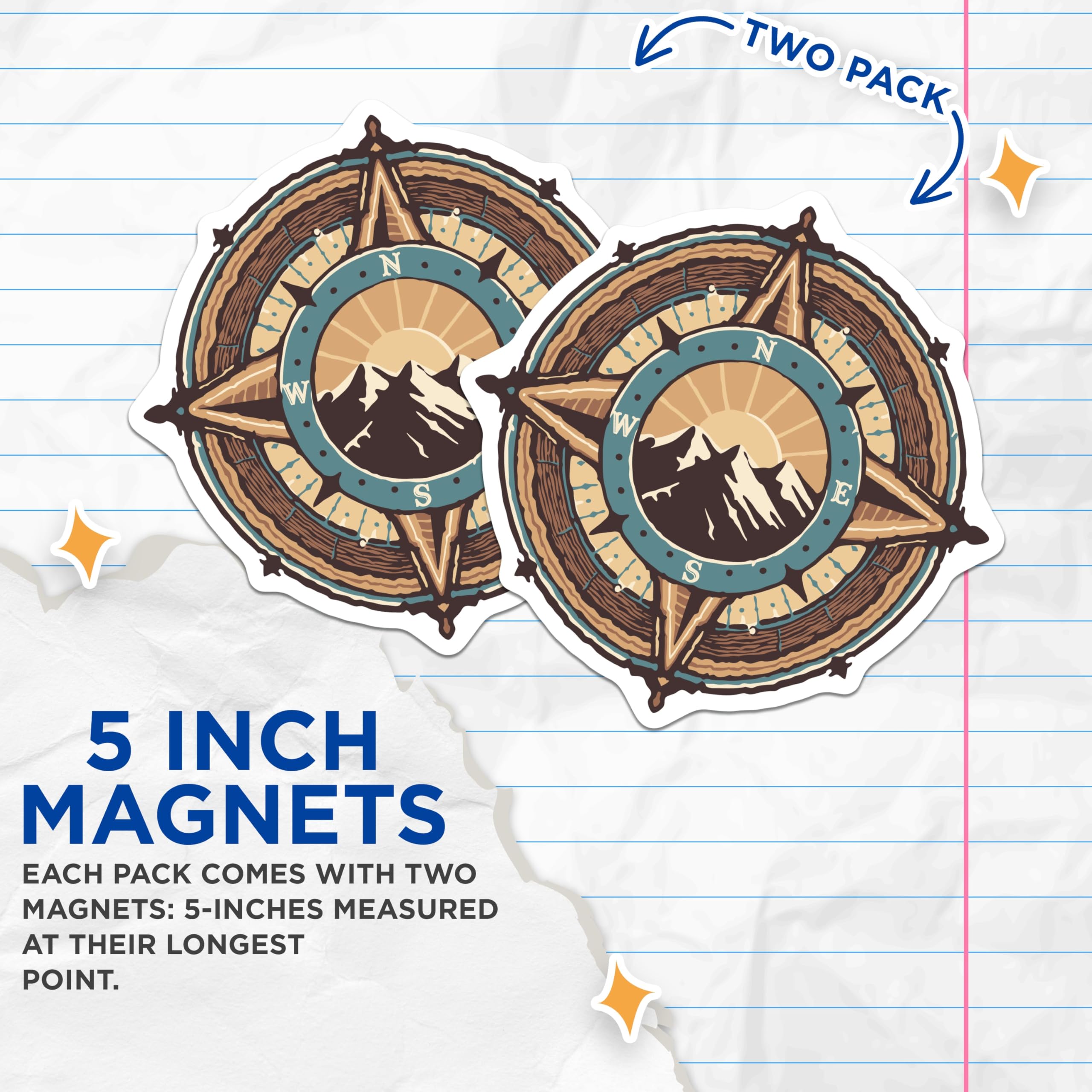 (2 Pack) Rustic Compass Rose Navigation Magnets - Majestic Mountain Sunrise Art - Wanderlust Outdoor Exploration Decor - 5 Inches On Longest Side - Thick Durable Magnet - Made in USA - MAG22292