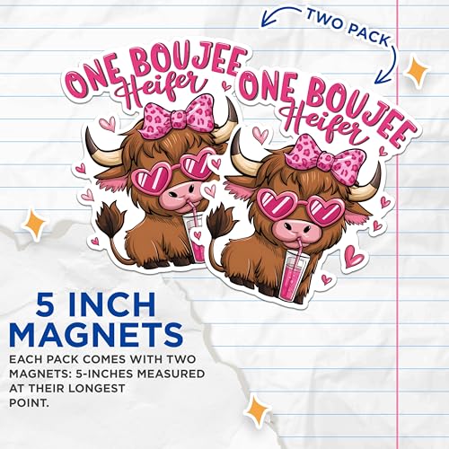 (2 Pack) One Boujee Heifer Magnets - Cow Theme Kitchen Magnets - Cute Animal Decorative Magnets- 5" On Longest Side - for Fridges, Toolboxes, Cars - Made in USA - MAG3022