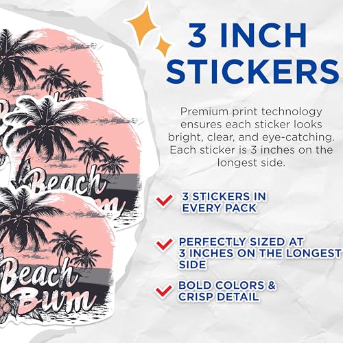 (3 Pack) Beach Bum Decals - Tropical Palm Tree - Summer Vacation Vibes - 3 Inches On Longest Side - Easy Peel & Apply - Made in USA - 3MCS0614