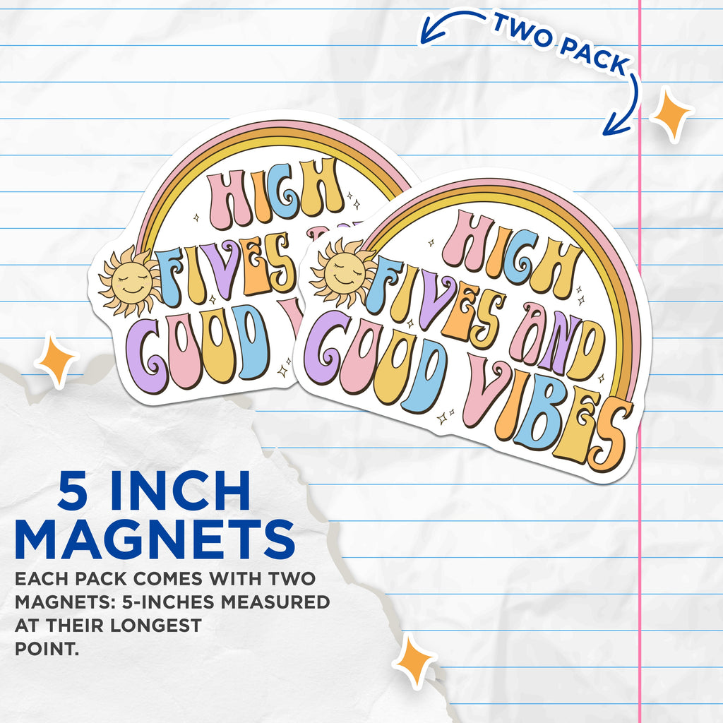 (2 Pack) High Fives Good Vibes Magnets - Retro Rainbow Decor - Positive Affirmation Art - Fun Refrigerator Magnets - Sunshine Quote - 5" - Thick Durable Magnet - Made in USA - MAG39973