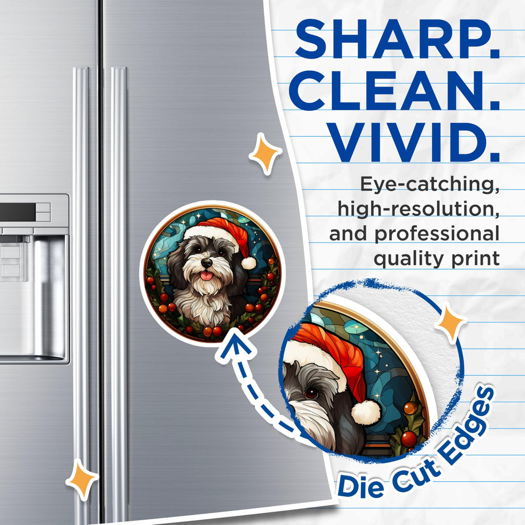 (2 Pack) Christmas Dog Magnets - Santa Hat Puppy Decor - Stained Glass Pet Lover Refrigerator Accent - 5 Inches On Longest Side - Thick Durable Magnet - Made in USA - MAG29599