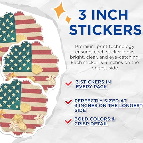(3 Pack) USA Flag Shell Decals - Laptop Decal - Patriotic Decals - 3 Inches On Longest Side - Easy Peel & Apply - Made in USA - 3MCS7731