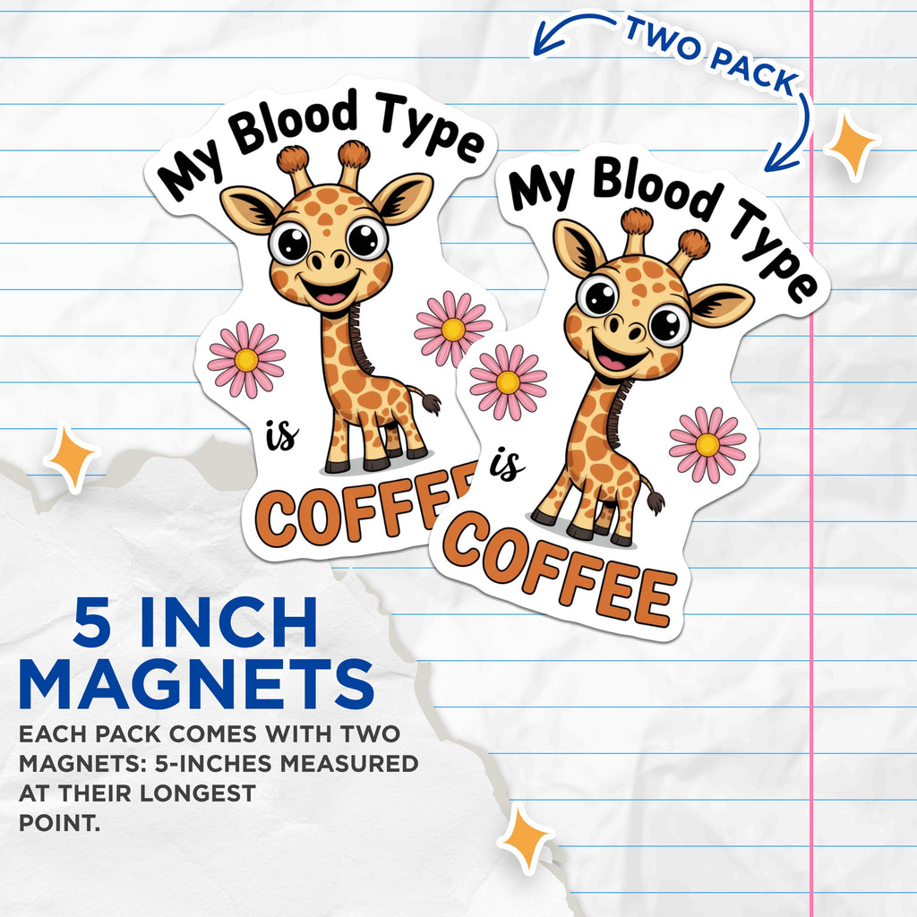 (2 Pack) Coffee Lover Magnets - Cute Giraffe Refrigerator Decor - Funny Caffeine Enthusiast Art - 5 Inches On Longest Side - Thick Durable Magnet - Made in USA - MAG39134