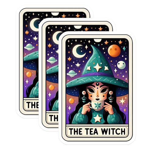 (3 Pack) Tea Witch Decals - Tarot Card Witch - Kawaii Witch Decal - 3 Inches On Longest Side - Easy Peel & Apply - Made in USA - 3MCS4274