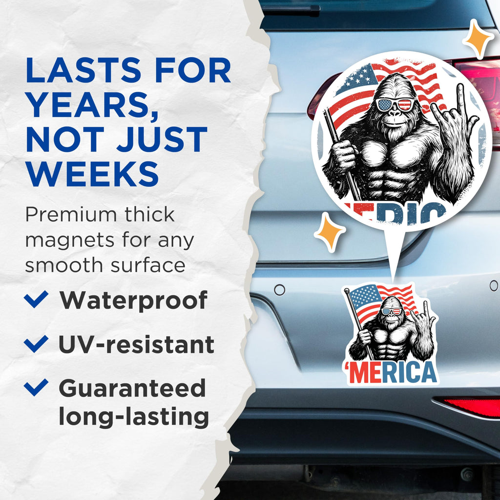 (2 Pack) Merica Bigfoot Magnets - Patriotic Sasquatch Decor - USA Flag Rocker Fridge - Fourth of July Accents - 5 Inches On Longest Side - Thick Durable Magnet - Made in USA - MAG20547