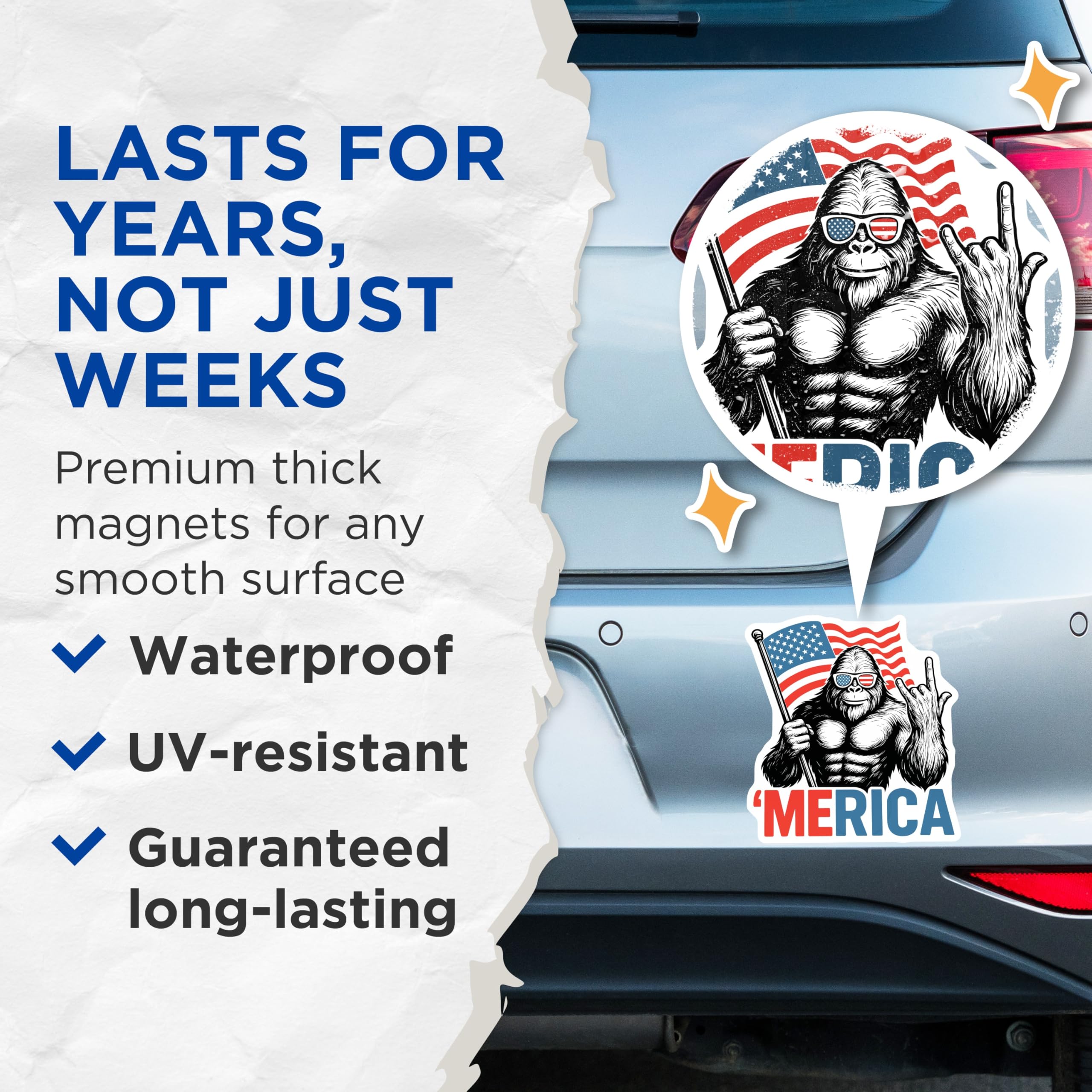 (2 Pack) Merica Bigfoot Magnets - Patriotic Sasquatch Decor - USA Flag Rocker Fridge - Fourth of July Accents - 5 Inches On Longest Side - Thick Durable Magnet - Made in USA - MAG20547