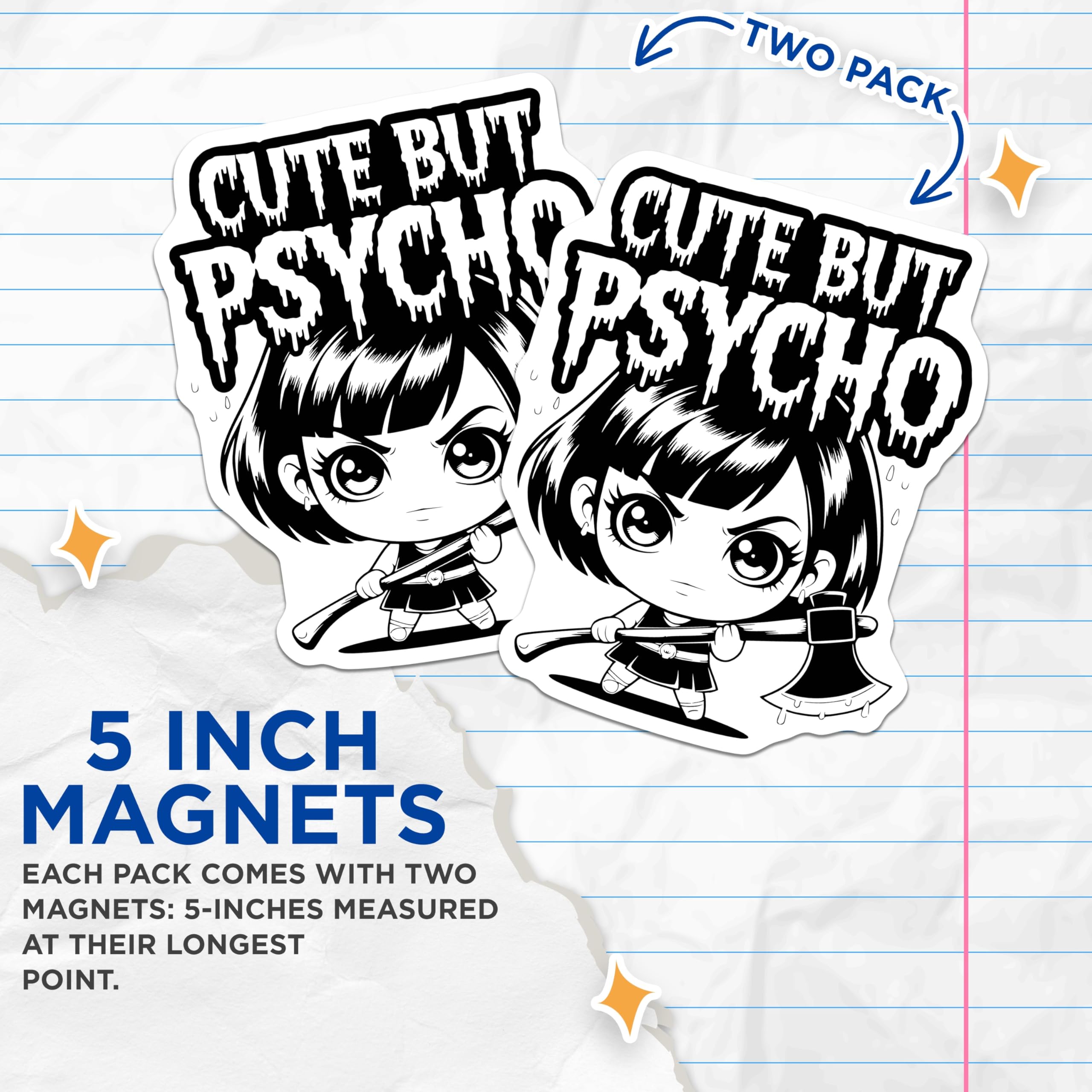 (2 Pack) Cute Psycho Girl Magnets - Axe Wielding Chibi - Creepy Kawaii Decor - 5 Inches On Longest Side - Thick Durable Magnet - Made in USA - MAG19842