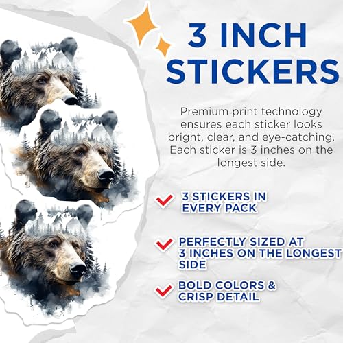 (3 Pack) Bear Decals - Forest Mountain - Laptop Decal - 3 Inches On Longest Side - Easy Peel & Apply - Made in USA - 3MCS2584