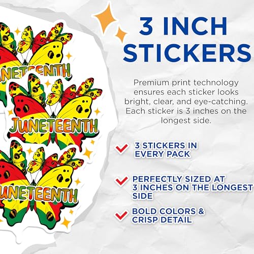 (3 Pack) Juneteenth Butterflies Decals - Freedom Day - Black History Decal - 3 Inches On Longest Side - Easy Peel & Apply - Made in USA - 3MCS6131