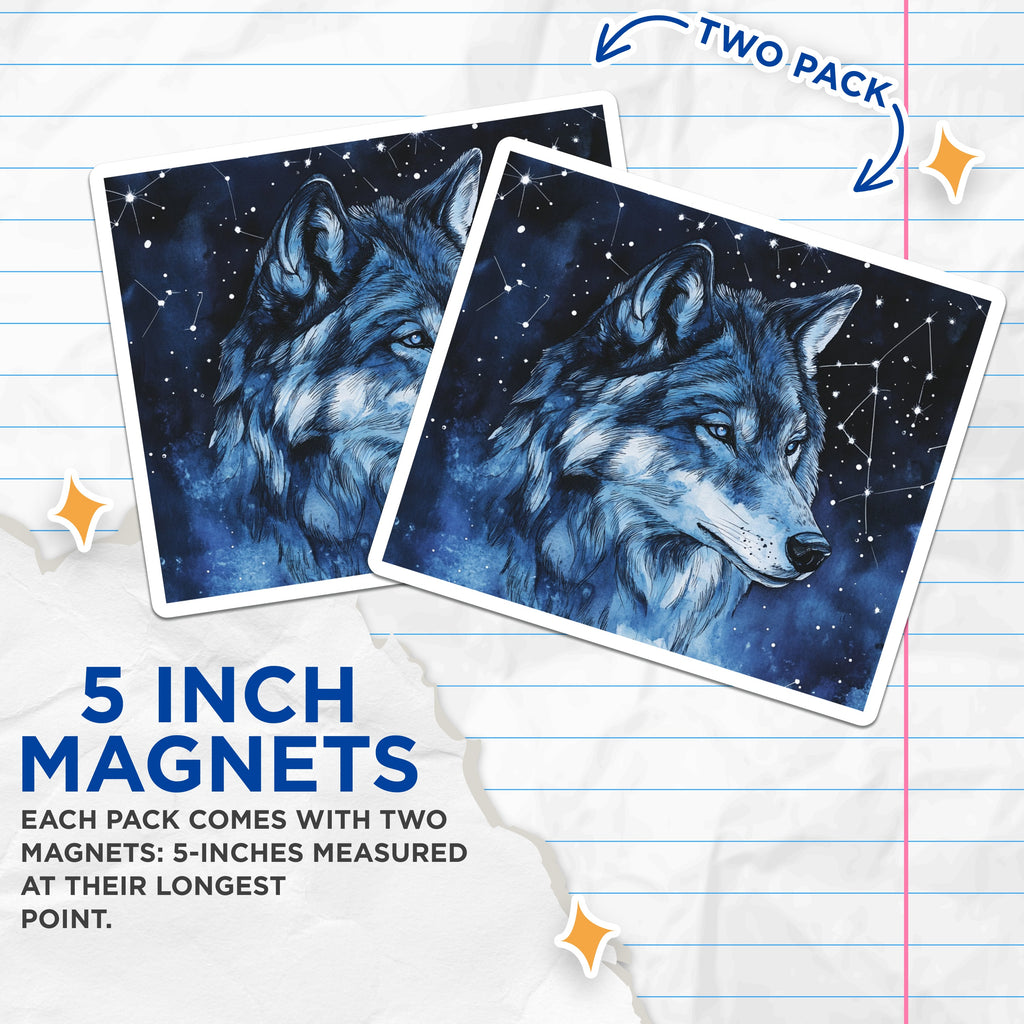 (2 Pack) Watercolor Wolf Magnets - Starry Night Animal Art - Cosmic Fridge Decor - 5 Inches On Longest Side - Thick Durable Magnet - Made in USA - MAG39390